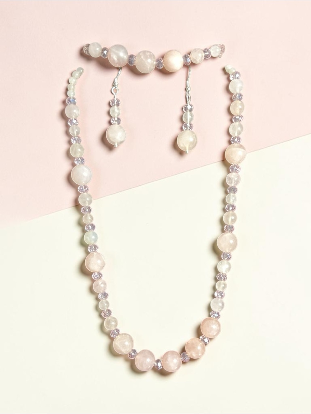 Delicate Handmade Rose Quartz Beaded Necklace, Bracelet and Earrings Set